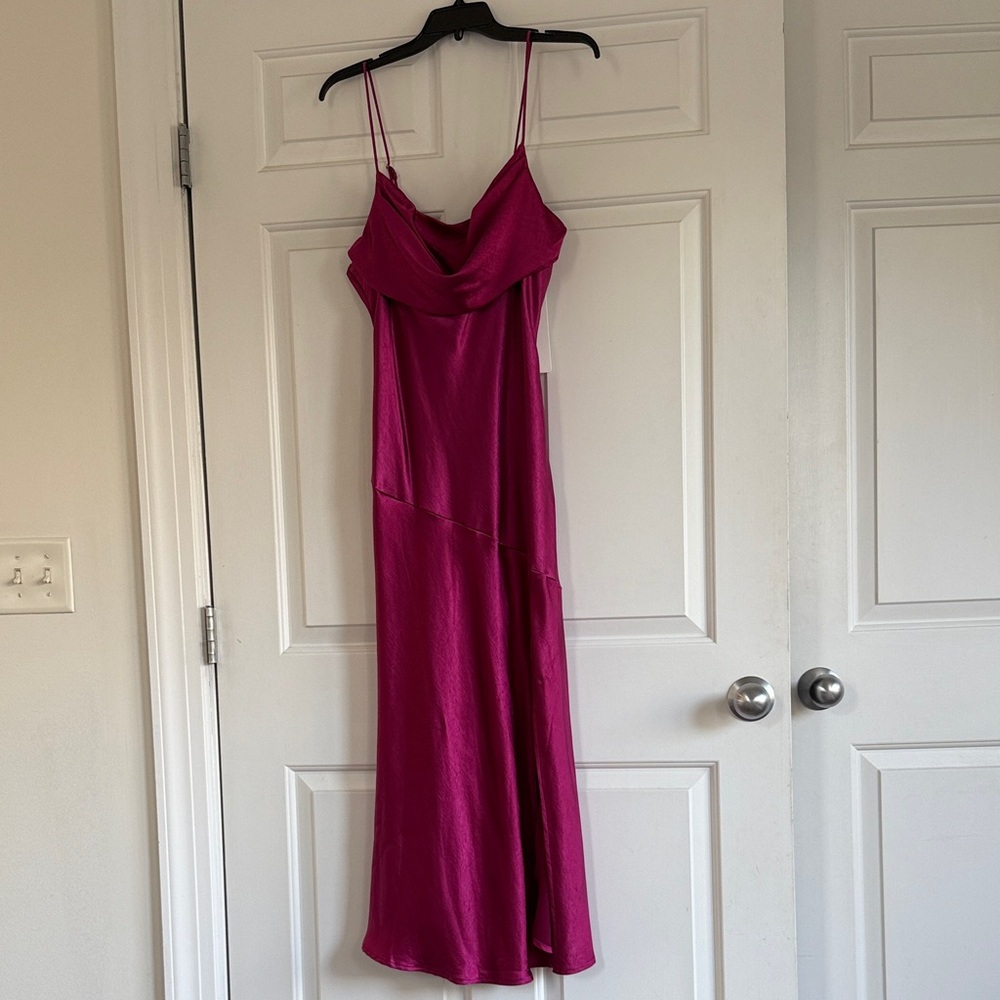 Fuchsia Slip Midi Dress with Cowl Neck